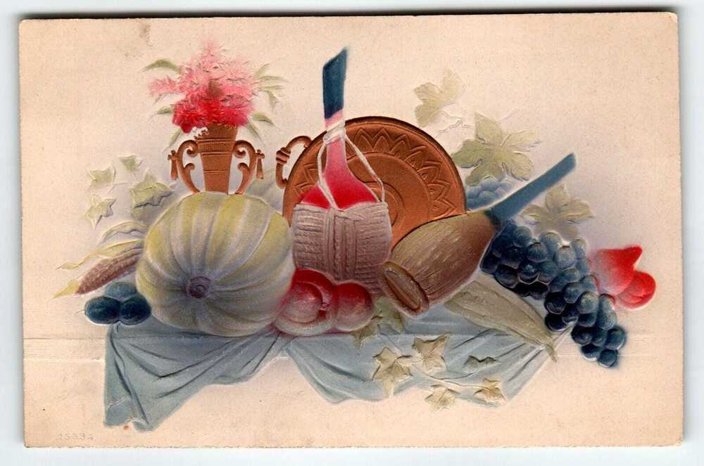 Thanksgiving Postcard Deep Embossed Wine Bottles Pumpkin Grapes Germany Antique